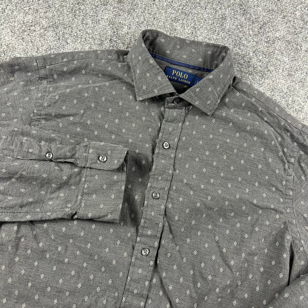 Polo Ralph Lauren Button Down Mens L Grey Diamond Print Long Sleeve Cotton Shirt